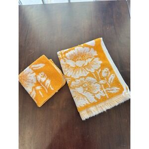 VTG Hand Towel Wash Cloth Set 70s Bright Orange Floral Flowers Fringe Retro